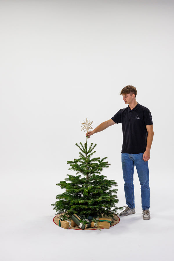 Dreng står og sætter stjerne på juletræ