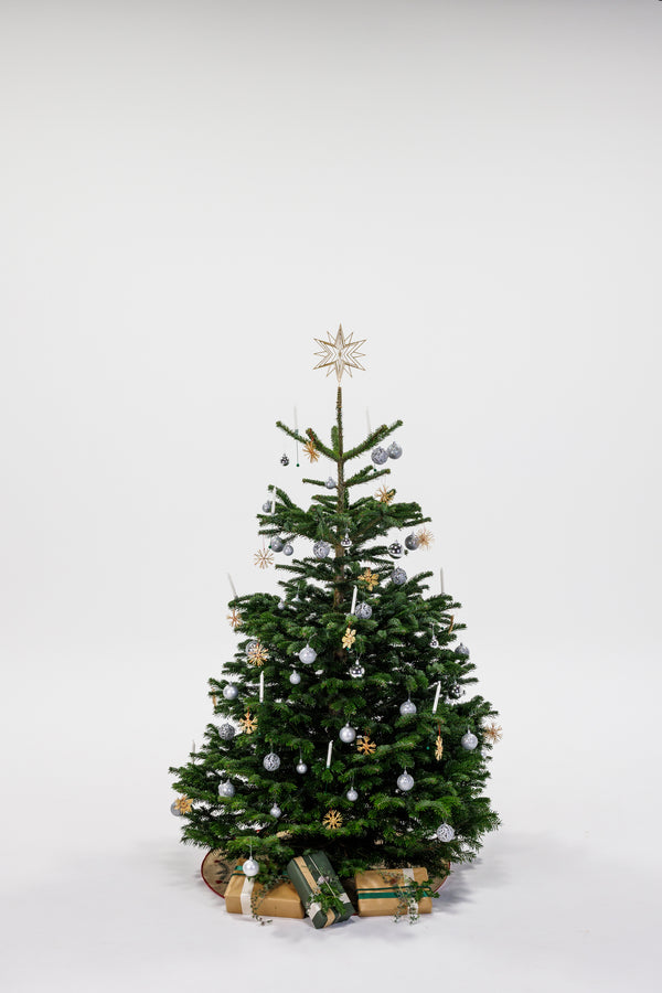 Juletræ pyntet i sølvtema